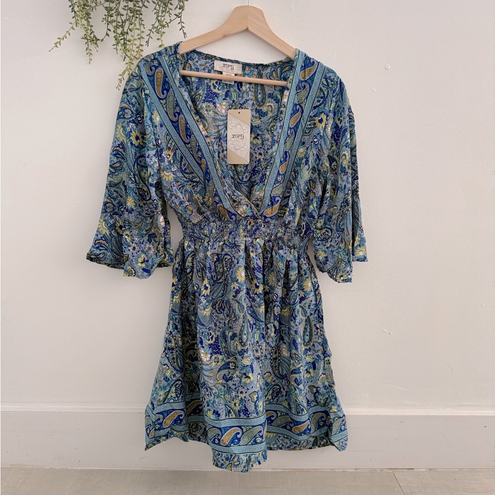 Boho Silk Blend Blue Paisley Dress